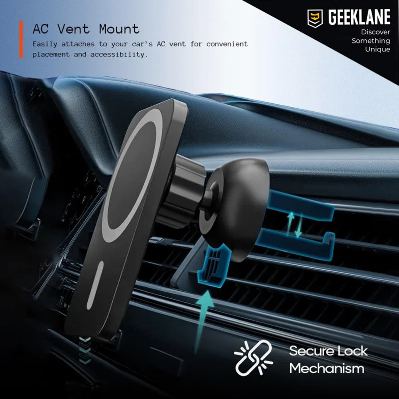 15W Fast-Charging Magnetic Car Mount with 360° Rotation, Wireless Phone Holder for Car AC Vent with Secure Lock & Universal Smartphone Compatibility