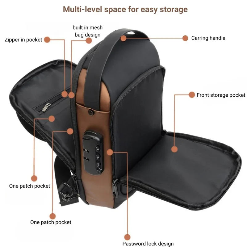 Anti-Theft Crossbody Messenger Sling Bag Waterproof Gadget Chest Bag with TSA Lock & USB Charging Port for Power Bank Attachment