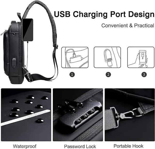 Anti-Theft Crossbody Messenger Sling Bag Waterproof Gadget Chest Bag with TSA Lock & USB Charging Port for Power Bank Attachment